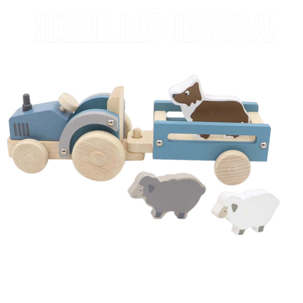 Wooden Vehicle - Tractor Blue with sheep dog