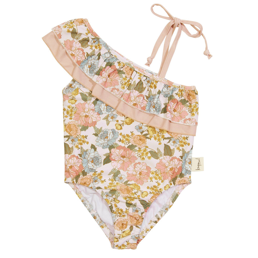 Make a splash in our Posie One Shoulder Swimsuit! With its cute double ruffle detail, adjustable ties, and UPF50 rating, you're sure to have a sunny time! Perfect for the poolside, beach, or wherever you choose to show off your style!  KaPow Kids is designed in Melbourne and manufactured slowly and ethically in China.