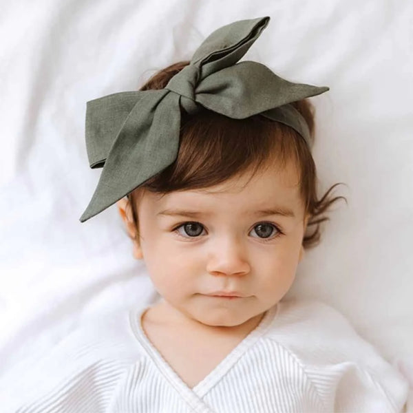 Snuggle Hunny Kids - Pre-tied Linen Bow Headband Olive