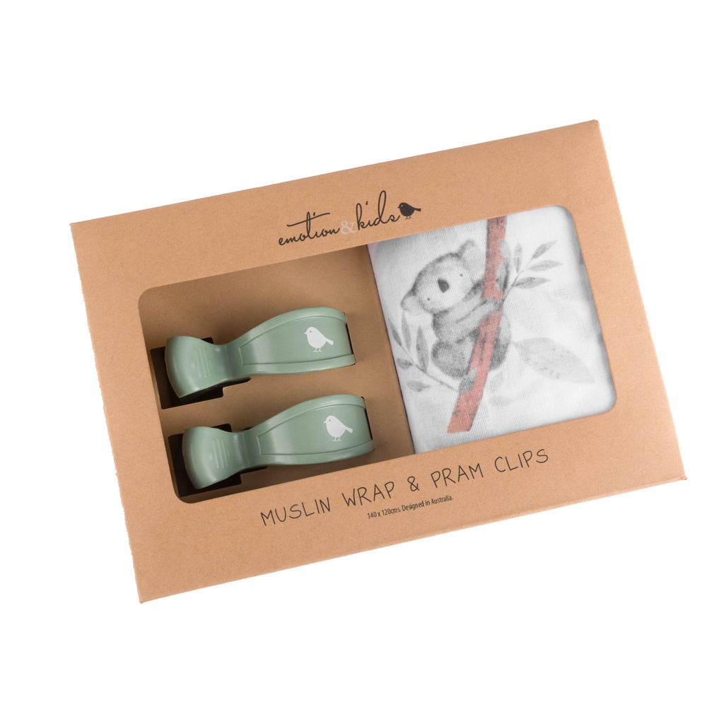 Emotion & Kids - Koala Muslin Wrap & Sage Pram Clips Set