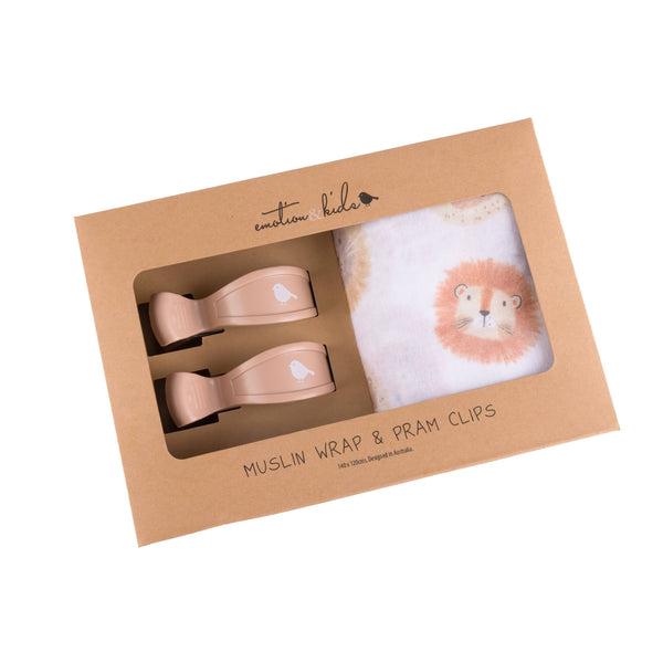 Emotion & Kids - Lions Muslin Wrap & Latte Pram Clips Set