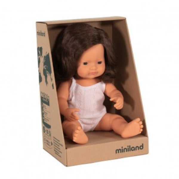 Miniland - 38cm Caucasian Baby Doll Girl Brunette Hair