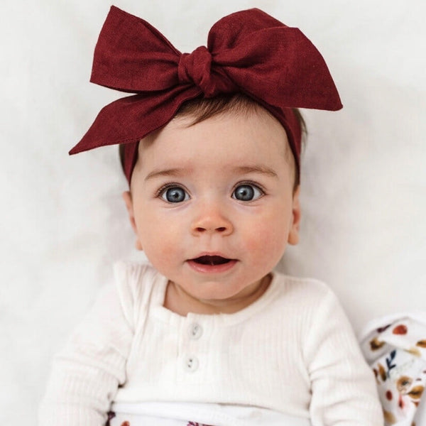 Snuggle Hunny Kids - Pre-tied Linen Bow Headband Burgundy